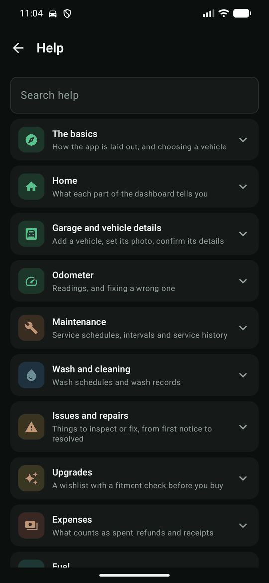 The in-app help page