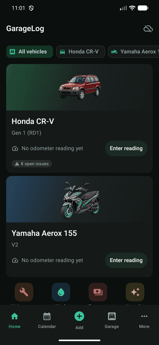 The home screen, with a card for each vehicle